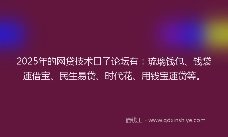 2025年的网贷技术口子论坛有：琉璃钱包、钱袋速借宝、民生易贷、时代花、用钱宝速贷等。
