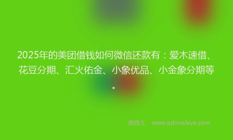 2025年的美团借钱如何微信还款有：爱木速借、花豆分期、汇火佑金、小象优品、小金象分期等。