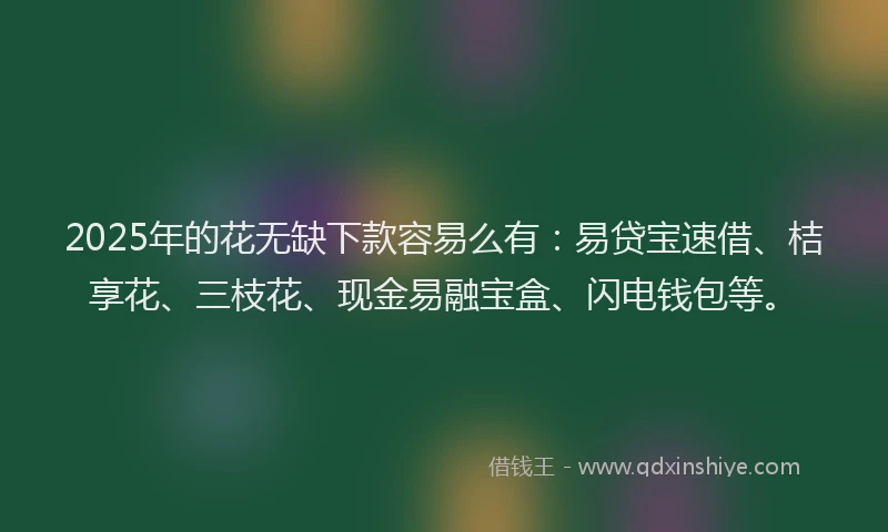 2025年的花无缺下款容易么有：易贷宝速借、桔享花、三枝花、现金易融宝盒、闪电钱包等。