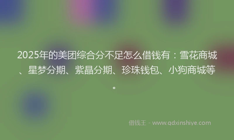 2025年的美团综合分不足怎么借钱有：雪花商城、星梦分期、紫晶分期、珍珠钱包、小狗商城等。