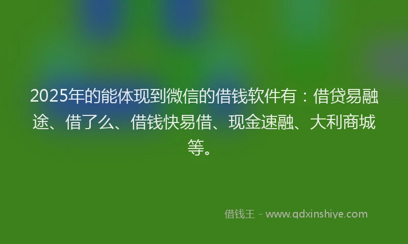 2025年的能体现到微信的借钱软件有：借贷易融途、借了么、借钱快易借、现金速融、大利商城等。