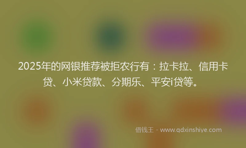 2025年的网银推荐被拒农行有：拉卡拉、信用卡贷、小米贷款、分期乐、平安i贷等。