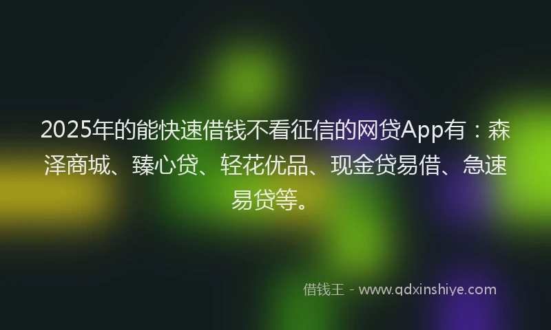 2025年的能快速借钱不看征信的网贷App有：森泽商城、臻心贷、轻花优品、现金贷易借、急速易贷等。