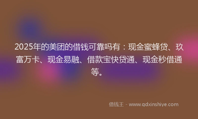 2025年的美团的借钱可靠吗有：现金蜜蜂贷、玖富万卡、现金易融、借款宝快贷通、现金秒借通等。