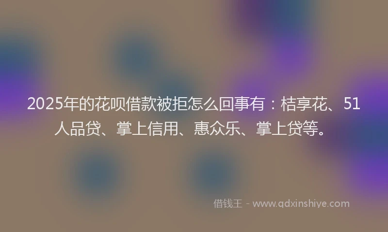 2025年的花呗借款被拒怎么回事有：桔享花、51人品贷、掌上信用、惠众乐、掌上贷等。