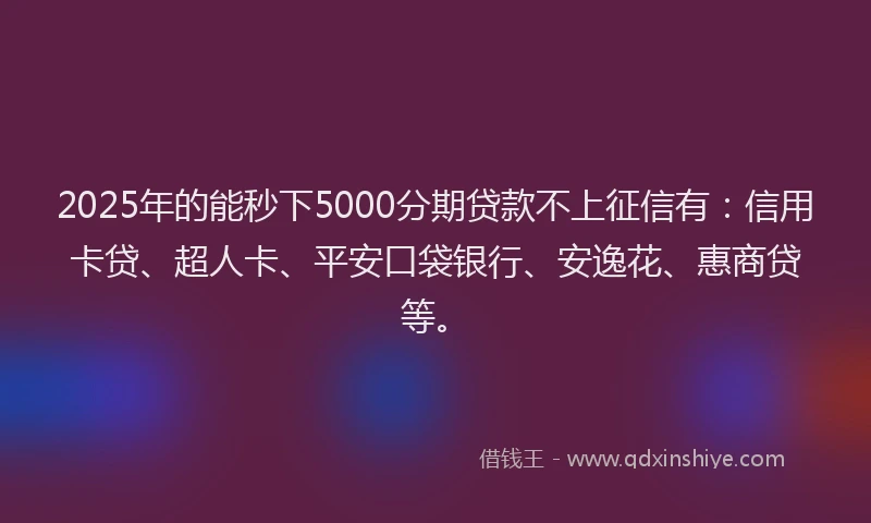 2025年的能秒下5000分期贷款不上征信有：信用卡贷、超人卡、平安口袋银行、安逸花、惠商贷等。