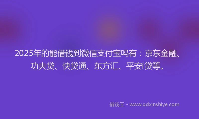 2025年的能借钱到微信支付宝吗有：京东金融、功夫贷、快贷通、东方汇、平安i贷等。