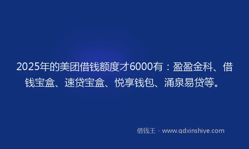 2025年的美团借钱额度才6000有：盈盈金科、借钱宝盒、速贷宝盒、悦享钱包、涌泉易贷等。