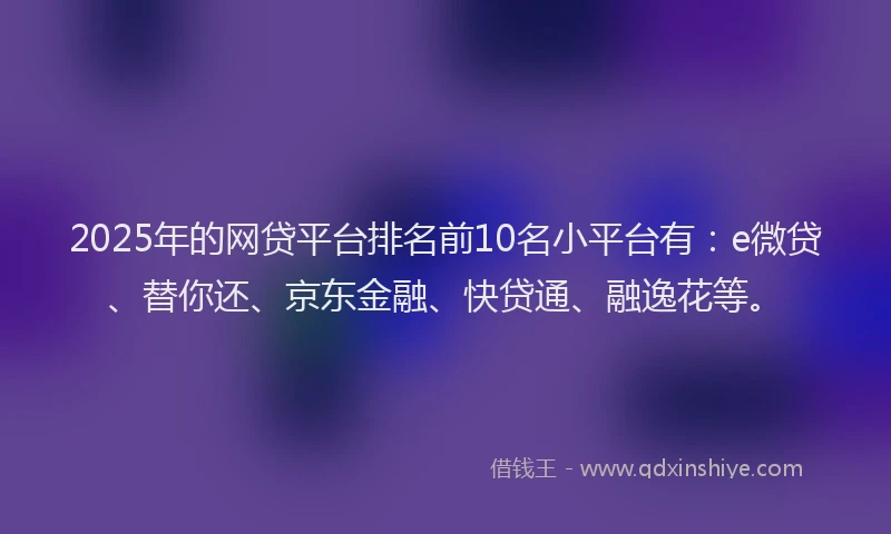 2025年的网贷平台排名前10名小平台有：e微贷、替你还、京东金融、快贷通、融逸花等。