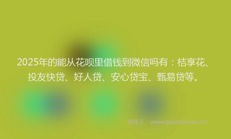 2025年的能从花呗里借钱到微信吗有：桔享花、投友快贷、好人贷、安心贷宝、甄易贷等。