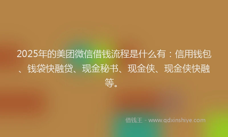 2025年的美团微信借钱流程是什么有：信用钱包、钱袋快融贷、现金秘书、现金侠、现金侠快融等。