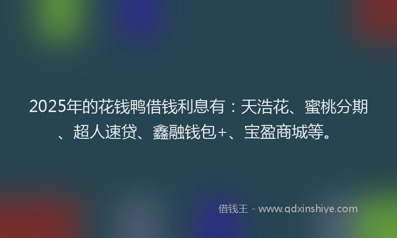 2025年的花钱鸭借钱利息有：天浩花、蜜桃分期、超人速贷、鑫融钱包+、宝盈商城等。
