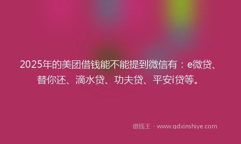 2025年的美团借钱能不能提到微信有：e微贷、替你还、滴水贷、功夫贷、平安i贷等。