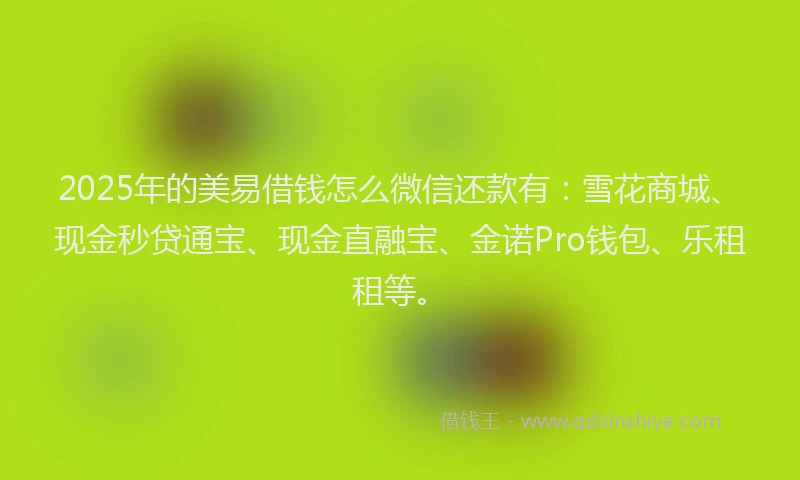 2025年的美易借钱怎么微信还款有：雪花商城、现金秒贷通宝、现金直融宝、金诺Pro钱包、乐租租等。