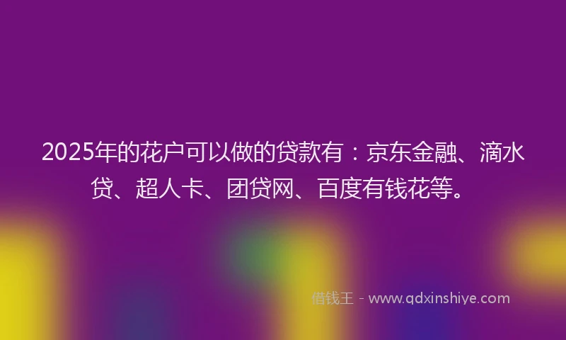 2025年的花户可以做的贷款有：京东金融、滴水贷、超人卡、团贷网、百度有钱花等。