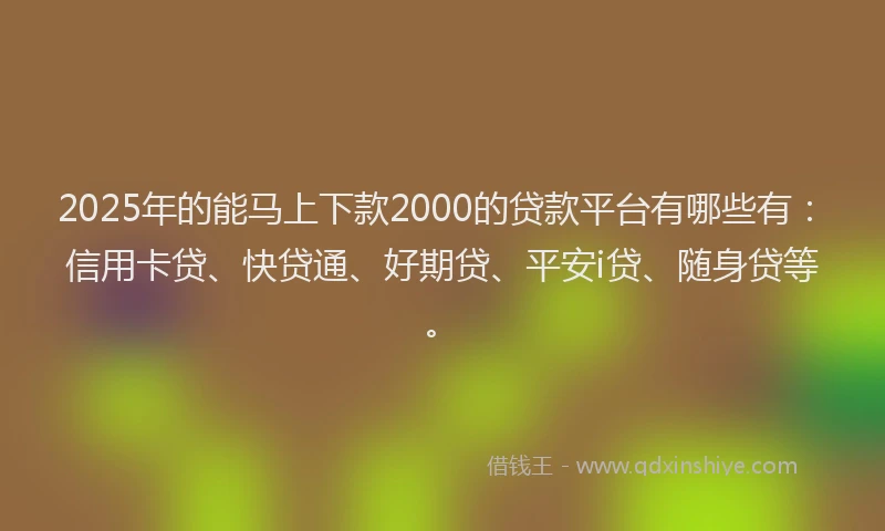 2025年的能马上下款2000的贷款平台有哪些有：信用卡贷、快贷通、好期贷、平安i贷、随身贷等。
