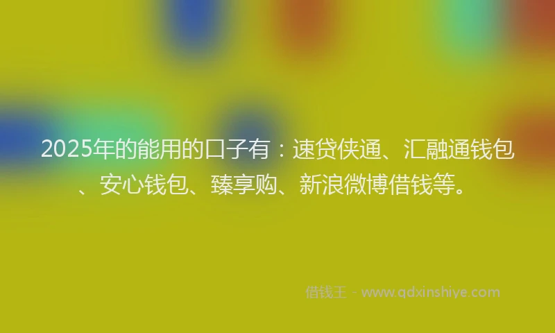 2025年的能用的口子有：速贷侠通、汇融通钱包、安心钱包、臻享购、新浪微博借钱等。