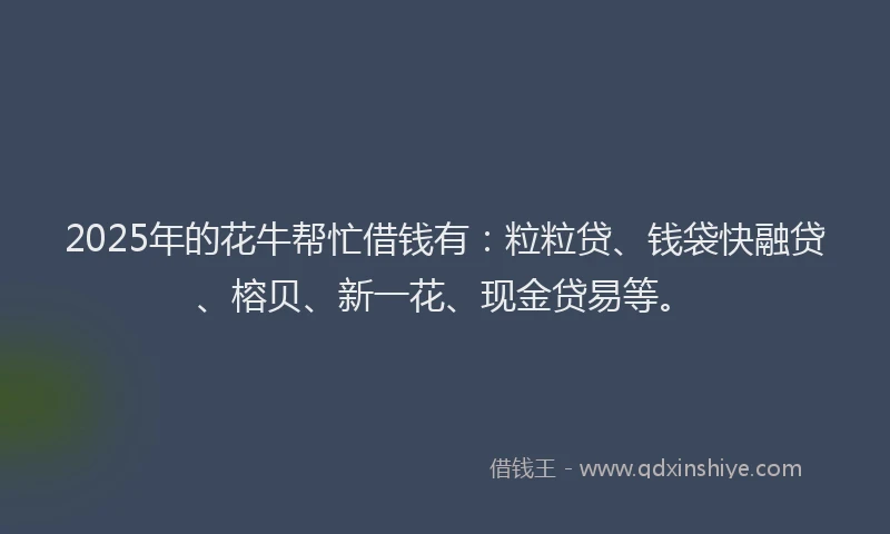 2025年的花牛帮忙借钱有：粒粒贷、钱袋快融贷、榕贝、新一花、现金贷易等。