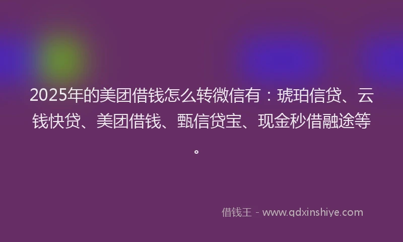 2025年的美团借钱怎么转微信有：琥珀信贷、云钱快贷、美团借钱、甄信贷宝、现金秒借融途等。