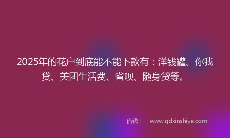 2025年的花户到底能不能下款有：洋钱罐、你我贷、美团生活费、省呗、随身贷等。