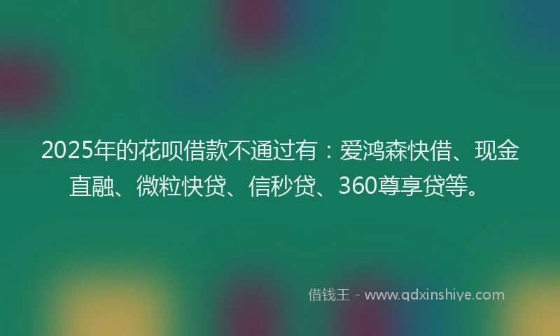 2025年的花呗借款不通过有：爱鸿森快借、现金直融、微粒快贷、信秒贷、360尊享贷等。