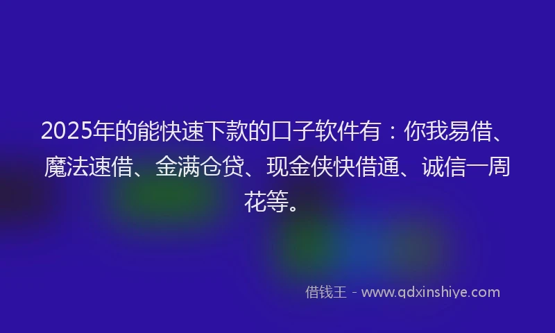 2025年的能快速下款的口子软件有：你我易借、魔法速借、金满仓贷、现金侠快借通、诚信一周花等。