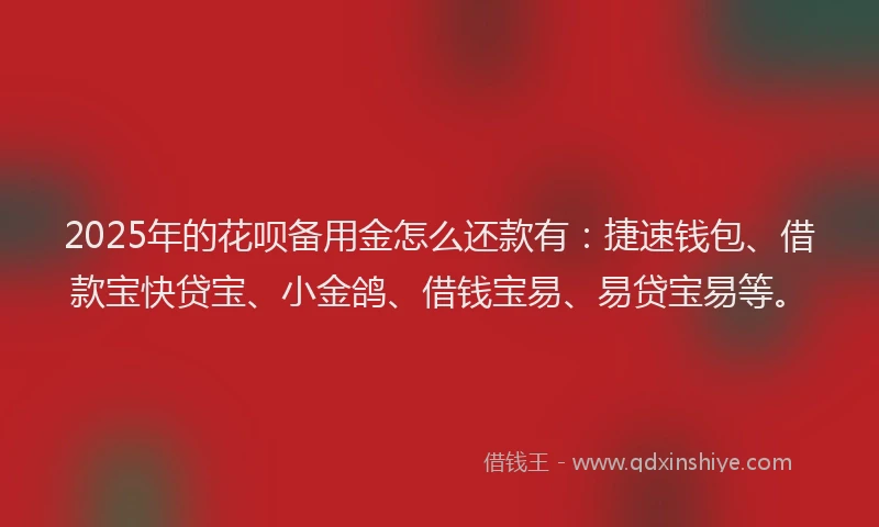 2025年的花呗备用金怎么还款有：捷速钱包、借款宝快贷宝、小金鸽、借钱宝易、易贷宝易等。