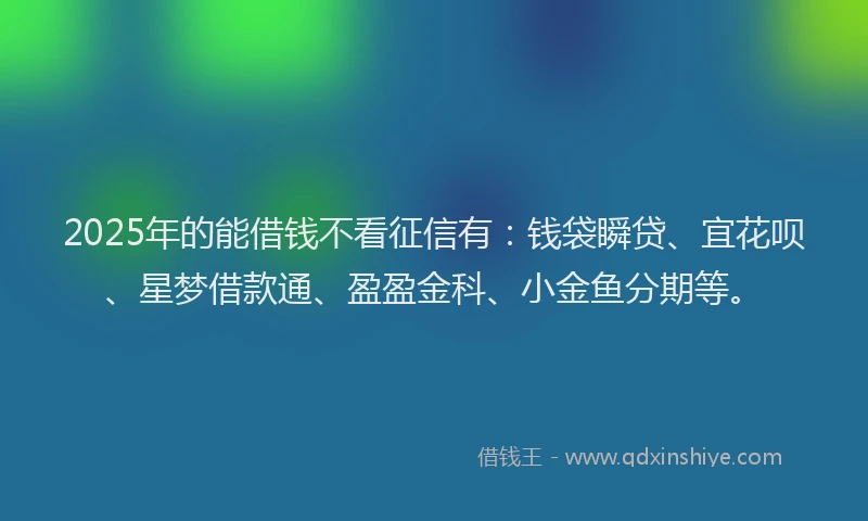 2025年的能借钱不看征信有：钱袋瞬贷、宜花呗、星梦借款通、盈盈金科、小金鱼分期等。