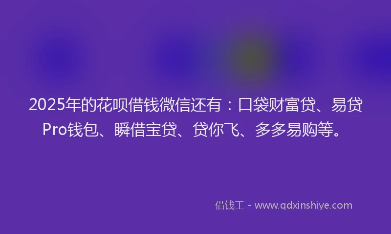 2025年的花呗借钱微信还有：口袋财富贷、易贷Pro钱包、瞬借宝贷、贷你飞、多多易购等。