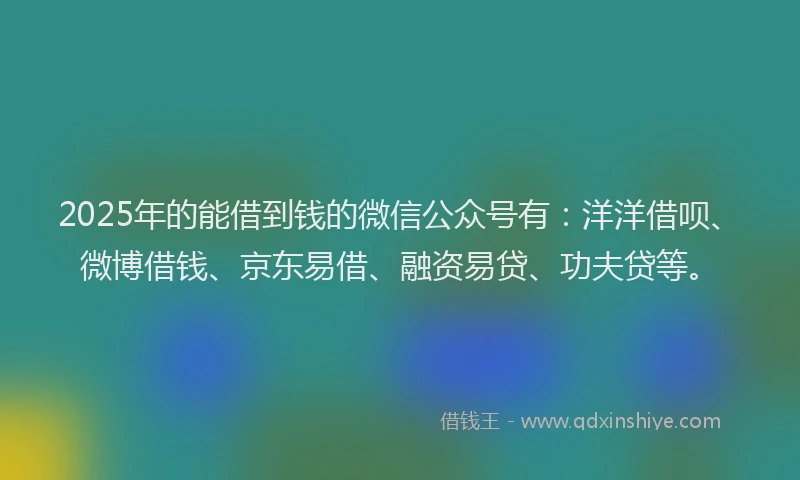 2025年的能借到钱的微信公众号有：洋洋借呗、微博借钱、京东易借、融资易贷、功夫贷等。