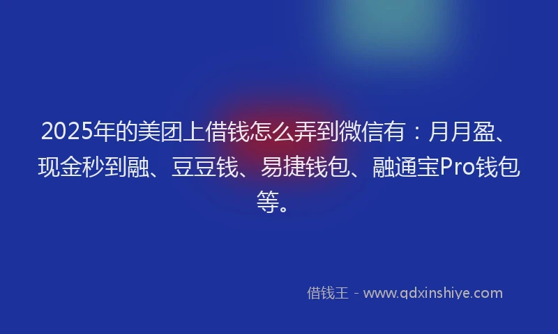 2025年的美团上借钱怎么弄到微信有：月月盈、现金秒到融、豆豆钱、易捷钱包、融通宝Pro钱包等。