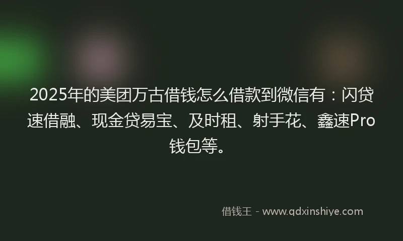 2025年的美团万古借钱怎么借款到微信有：闪贷速借融、现金贷易宝、及时租、射手花、鑫速Pro钱包等。