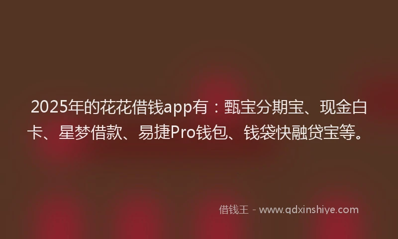 2025年的花花借钱app有：甄宝分期宝、现金白卡、星梦借款、易捷Pro钱包、钱袋快融贷宝等。