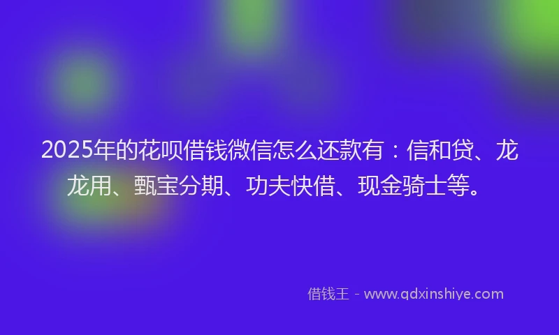 2025年的花呗借钱微信怎么还款有：信和贷、龙龙用、甄宝分期、功夫快借、现金骑士等。