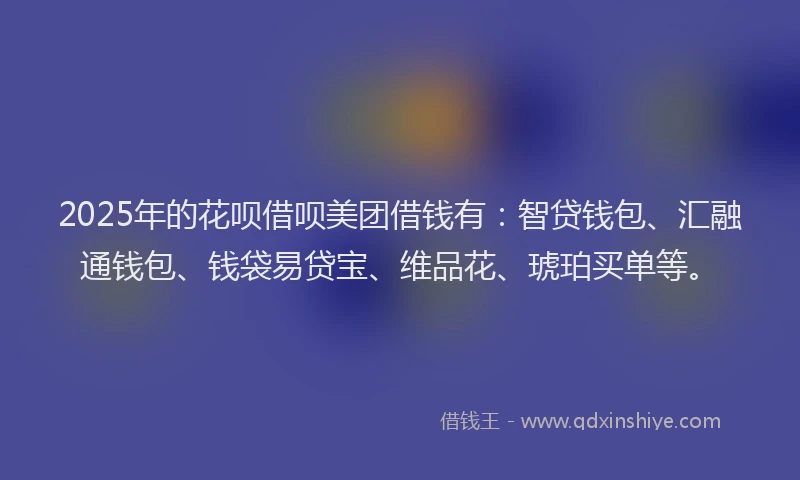 2025年的花呗借呗美团借钱有：智贷钱包、汇融通钱包、钱袋易贷宝、维品花、琥珀买单等。