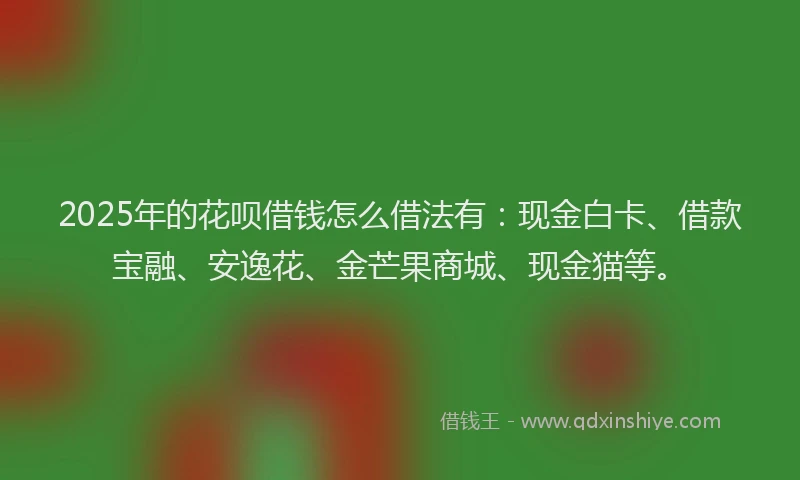 2025年的花呗借钱怎么借法有：现金白卡、借款宝融、安逸花、金芒果商城、现金猫等。