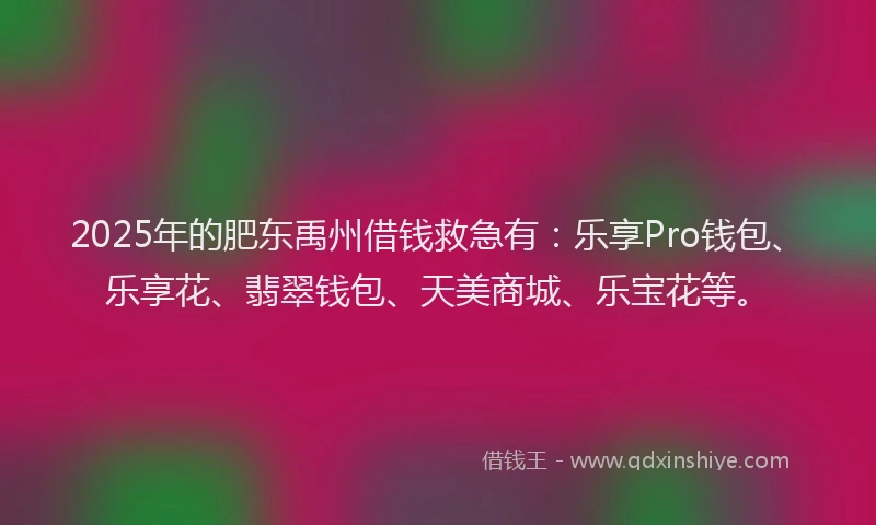 2025年的肥东禹州借钱救急有：乐享Pro钱包、乐享花、翡翠钱包、天美商城、乐宝花等。
