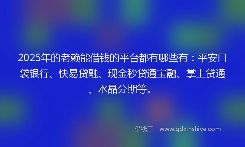 2025年的老赖能借钱的平台都有哪些有：平安口袋银行、快易贷融、现金秒贷通宝融、掌上贷通、水晶分期等。