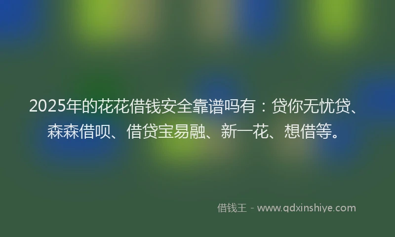 2025年的花花借钱安全靠谱吗有：贷你无忧贷、森森借呗、借贷宝易融、新一花、想借等。