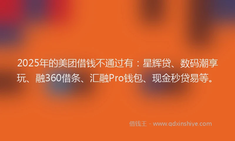 2025年的美团借钱不通过有：星辉贷、数码潮享玩、融360借条、汇融Pro钱包、现金秒贷易等。