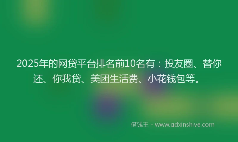 2025年的网贷平台排名前10名有：投友圈、替你还、你我贷、美团生活费、小花钱包等。