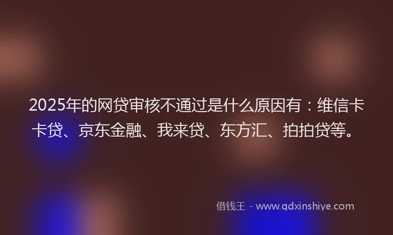 2025年的网贷审核不通过是什么原因有：维信卡卡贷、京东金融、我来贷、东方汇、拍拍贷等。