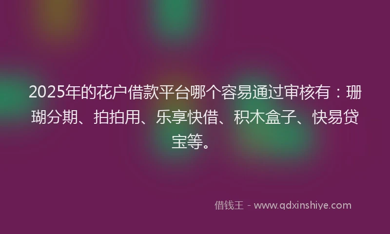 2025年的花户借款平台哪个容易通过审核有：珊瑚分期、拍拍用、乐享快借、积木盒子、快易贷宝等。