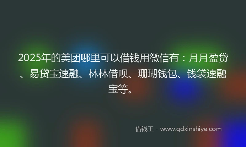 2025年的美团哪里可以借钱用微信有：月月盈贷、易贷宝速融、林林借呗、珊瑚钱包、钱袋速融宝等。