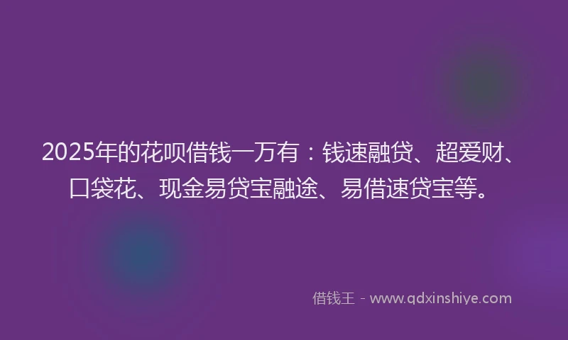 2025年的花呗借钱一万有：钱速融贷、超爱财、口袋花、现金易贷宝融途、易借速贷宝等。