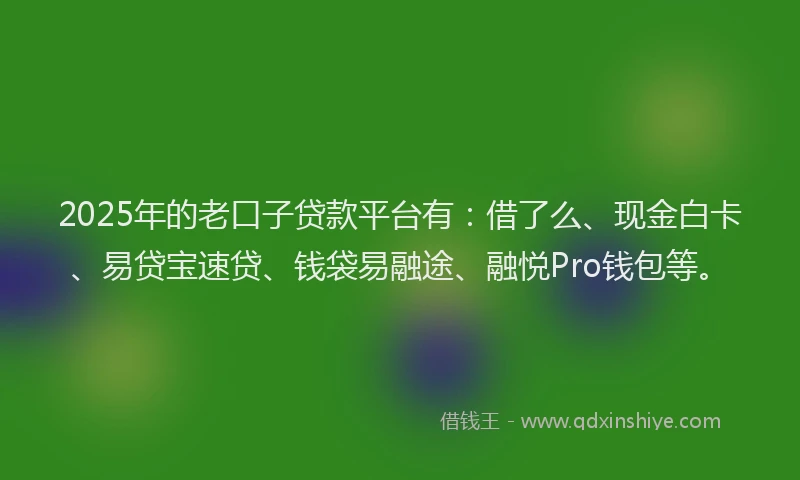 2025年的老口子贷款平台有：借了么、现金白卡、易贷宝速贷、钱袋易融途、融悦Pro钱包等。