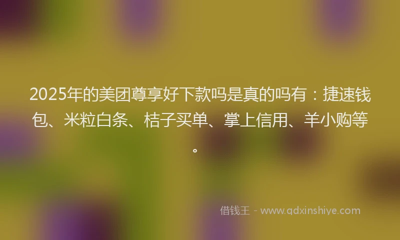 2025年的美团尊享好下款吗是真的吗有：捷速钱包、米粒白条、桔子买单、掌上信用、羊小购等。