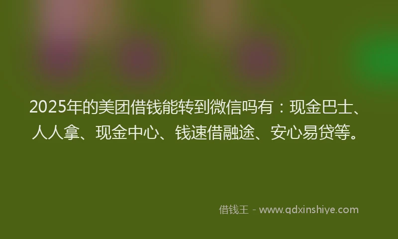 2025年的美团借钱能转到微信吗有：现金巴士、人人拿、现金中心、钱速借融途、安心易贷等。