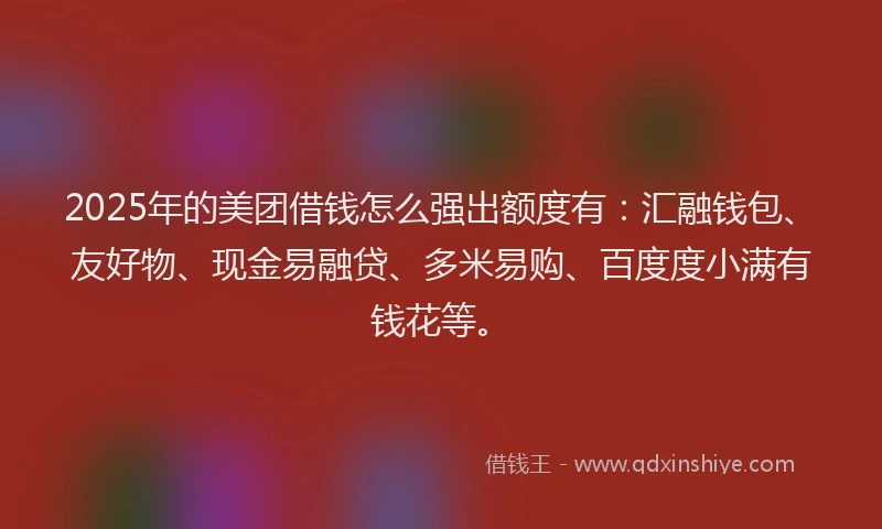 2025年的美团借钱怎么强出额度有：汇融钱包、友好物、现金易融贷、多米易购、百度度小满有钱花等。