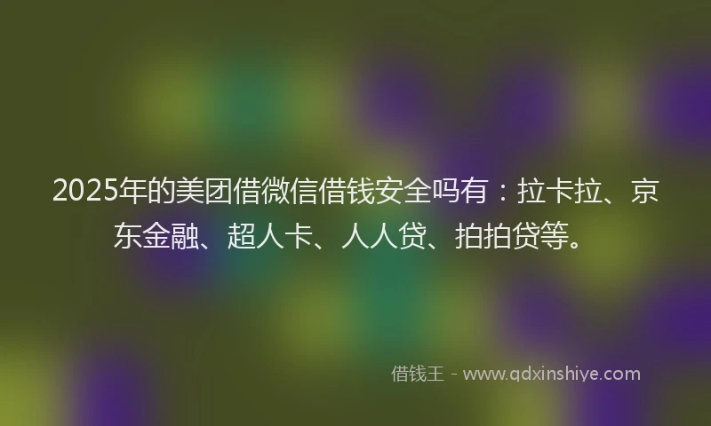 2025年的美团借微信借钱安全吗有：拉卡拉、京东金融、超人卡、人人贷、拍拍贷等。